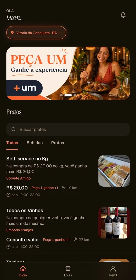 Tela inicial do +um com promoções disponíveis em Vitória da Conquista