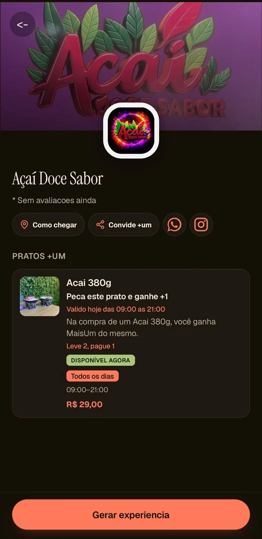 Página de um estabelecimento parceiro com o botão Gerar experiência