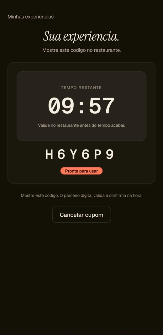 Código +um gerado com tempo restante para uso no estabelecimento